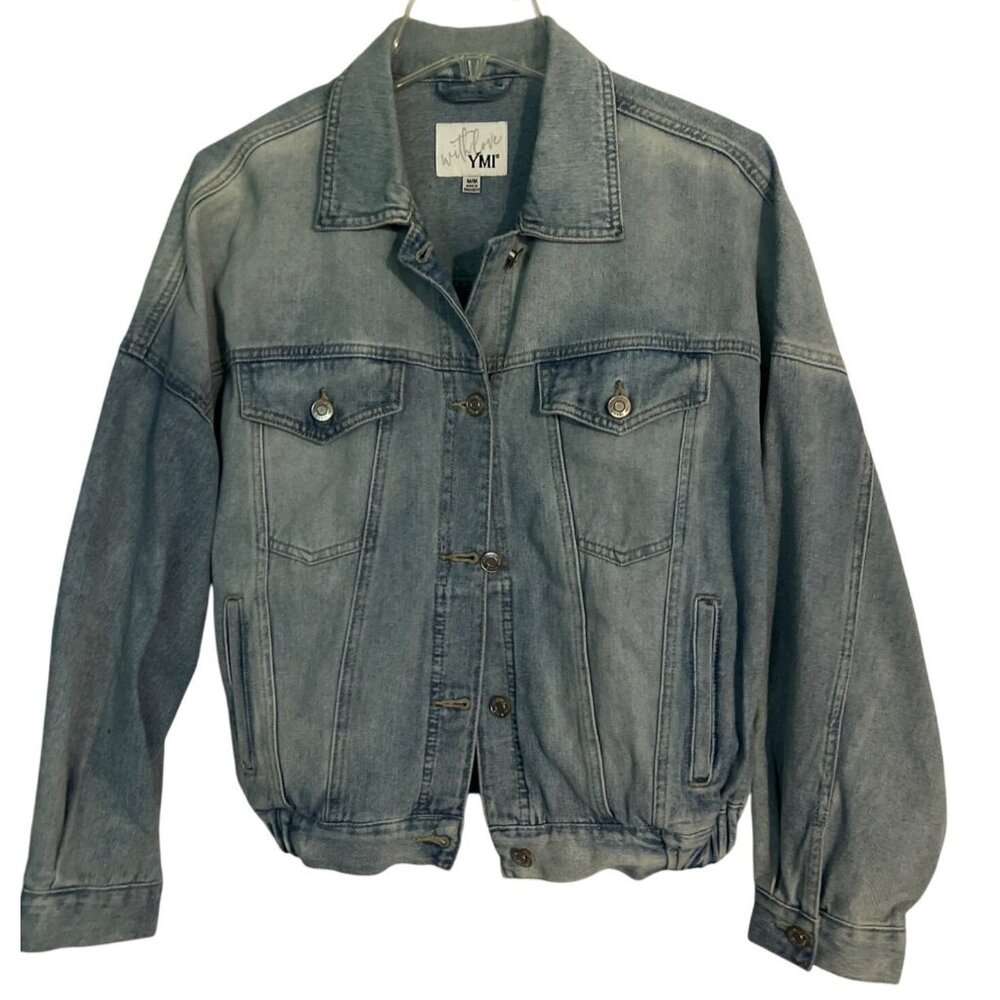 YMI Womens Medium Light Wash‎ Denim Jacket With Button Front & Elastic Waist